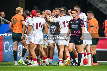 2023-09-09 - Luka IVANISHVILI of Georgia celebrate his try with teammates during the World Cup 2023, Pool C rugby union match between Australia and Georgia on September 9, 2023 at Stade de France in Saint-Denis near Paris, France - RUGBY - WORLD CUP 2023 - AUSTRALIA V GEORGIA - WORLD CUP - RUGBY