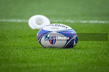 2023-09-09 - Illustration of the Gilbert match ball during the World Cup 2023, Pool C rugby union match between Australia and Georgia on September 9, 2023 at Stade de France in Saint-Denis near Paris, France - RUGBY - WORLD CUP 2023 - AUSTRALIA V GEORGIA - WORLD CUP - RUGBY