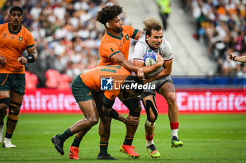 2023-09-09 - Rob VALETINI of Australia, Marika KOROIBETE of Australia and Miriani MODEBADZE of Georgia during the World Cup 2023, Pool C rugby union match between Australia and Georgia on September 9, 2023 at Stade de France in Saint-Denis near Paris, France - RUGBY - WORLD CUP 2023 - AUSTRALIA V GEORGIA - WORLD CUP - RUGBY