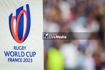 2023-09-09 - Illustration of the official logo during the World Cup 2023, Pool C rugby union match between Australia and Georgia on September 9, 2023 at Stade de France in Saint-Denis near Paris, France - RUGBY - WORLD CUP 2023 - AUSTRALIA V GEORGIA - WORLD CUP - RUGBY