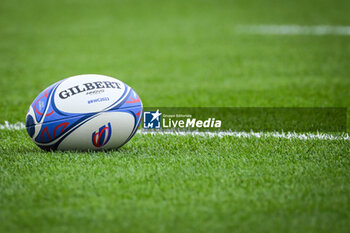 2023-09-09 - Illustration of the Gilbert match ball during the World Cup 2023, Pool C rugby union match between Australia and Georgia on September 9, 2023 at Stade de France in Saint-Denis near Paris, France - RUGBY - WORLD CUP 2023 - AUSTRALIA V GEORGIA - WORLD CUP - RUGBY
