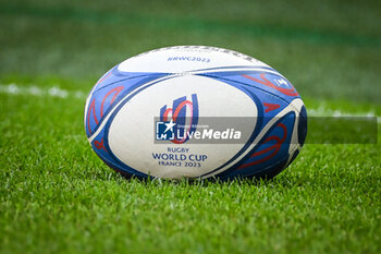 2023-09-09 - Illustration of the Gilbert match ball with the official logo during the World Cup 2023, Pool C rugby union match between Australia and Georgia on September 9, 2023 at Stade de France in Saint-Denis near Paris, France - RUGBY - WORLD CUP 2023 - AUSTRALIA V GEORGIA - WORLD CUP - RUGBY