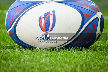 2023-09-09 - Illustration of the Gilbert match ball with the official logo during the World Cup 2023, Pool C rugby union match between Australia and Georgia on September 9, 2023 at Stade de France in Saint-Denis near Paris, France - RUGBY - WORLD CUP 2023 - AUSTRALIA V GEORGIA - WORLD CUP - RUGBY