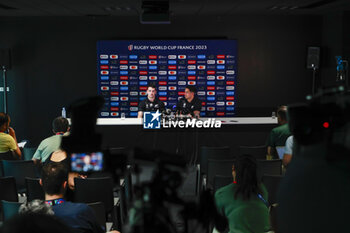2023-09-02 - Will JORDAN of All Blacks New Zealand and Anton LIENERT-BROWN of All Blacks New Zealand during the press conference and training session of the New Zealand national team, ahead World Cup 2023 at Gerland near of Lyon on September 02, 2023 in Lyon, France - RUGBY - WORLD CUP 2023 - PRESS CONF AND TRAINING SESSION NEW ZEALAND - WORLD CUP - RUGBY