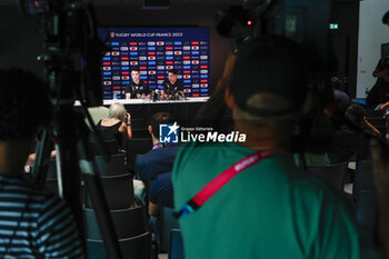 2023-09-02 - Will JORDAN of All Blacks New Zealand and Anton LIENERT-BROWN of All Blacks New Zealand during the press conference and training session of the New Zealand national team, ahead World Cup 2023 at Gerland near of Lyon on September 02, 2023 in Lyon, France - RUGBY - WORLD CUP 2023 - PRESS CONF AND TRAINING SESSION NEW ZEALAND - WORLD CUP - RUGBY