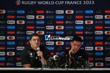 2023-09-02 - Tamaiti WILLIAMS of All Blacks New Zealand and Codie TAYLOR of All Blacks New Zealand during the press conference and training session of the New Zealand national team, ahead World Cup 2023 at Gerland near of Lyon on September 02, 2023 in Lyon, France - RUGBY - WORLD CUP 2023 - PRESS CONF AND TRAINING SESSION NEW ZEALAND - WORLD CUP - RUGBY