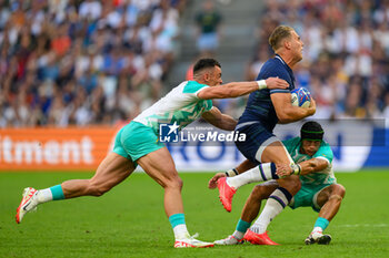 2023-09-10 - Duhan van der Merwe of Scotland is tackled by Jesse Kriel and Cheslin Kolbe of South Africa during the World Cup 2023, Pool B rugby union match between South Africa and Scotland on September 10, 2023 at Velodrome stadium in Marseille, France - RUGBY - WORLD CUP 2023 - SOUTH AFRICA V SCOTLAND - WORLD CUP - RUGBY
