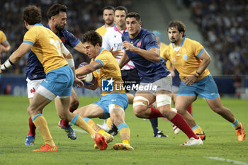 2023-09-14 - Santiago Arata of Uruguay between Antoine Hastoy and Paul Boudehent of France during the World Cup 2023, Pool A rugby union match between France and Uruguay on September 14, 2023 at Pierre Mauroy stadium in Villeneuve-d'Ascq near Lille, France - RUGBY - WORLD CUP 2023 - FRANCE V URUGUAY - WORLD CUP - RUGBY