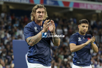 2023-09-14 - Bastien Chalureau, Louis Bielle-Biarrey of France salute the fans following the World Cup 2023, Pool A rugby union match between France and Uruguay on September 14, 2023 at Pierre Mauroy stadium in Villeneuve-d'Ascq near Lille, France - RUGBY - WORLD CUP 2023 - FRANCE V URUGUAY - WORLD CUP - RUGBY