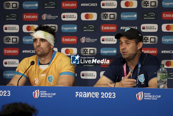 2023-09-14 - Andres Vilaseca of Uruguay and coach of Uruguay Esteban Meneses during the press conference following the World Cup 2023, Pool A rugby union match between France and Uruguay on September 14, 2023 at Pierre Mauroy stadium in Villeneuve-d'Ascq near Lille, France - RUGBY - WORLD CUP 2023 - FRANCE V URUGUAY - WORLD CUP - RUGBY