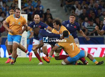 2023-09-14 - Cameron WOKI , Paul BOUDEHENT and Gabin VILLIÈRE of France during the World Cup 2023, Pool A rugby union match between France and Uruguay on September 14, 2023 at Pierre Mauroy stadium in Villeneuve-d'Ascq near Lille, France - RUGBY - WORLD CUP 2023 - FRANCE V URUGUAY - WORLD CUP - RUGBY
