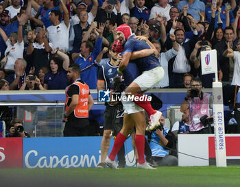 2023-09-14 - Celebration TRY Louis BIELLE-BIARREY , Gabin VILLIÈRE of France during the World Cup 2023, Pool A rugby union match between France and Uruguay on September 14, 2023 at Pierre Mauroy stadium in Villeneuve-d'Ascq near Lille, France - RUGBY - WORLD CUP 2023 - FRANCE V URUGUAY - WORLD CUP - RUGBY