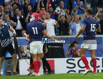 2023-09-14 - Celebration TRY Louis BIELLE-BIARREY , Gabin VILLIÈRE and Melvyn JAMINET of France during the World Cup 2023, Pool A rugby union match between France and Uruguay on September 14, 2023 at Pierre Mauroy stadium in Villeneuve-d'Ascq near Lille, France - RUGBY - WORLD CUP 2023 - FRANCE V URUGUAY - WORLD CUP - RUGBY