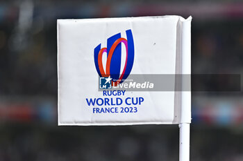 2023-09-14 - Atmosphere illustration with a post or pole with the logo of the Rugby union World Cup RWC 2023, Pool A match between France and Uruguay at Stade Pierre Mauroy on September 14, 2023 in Lille, France. Photo Victor Joly / DPPI - RUGBY - WORLD CUP 2023 - FRANCE V URUGUAY - WORLD CUP - RUGBY