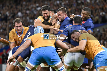 2023-09-14 - Maxime Lucu, Anthony Jelonch and Cameron Woki in a maul during the Rugby union World Cup RWC 2023, Pool A match between France and Uruguay at Stade Pierre Mauroy on September 14, 2023 in Lille, France. Photo Victor Joly / DPPI - RUGBY - WORLD CUP 2023 - FRANCE V URUGUAY - WORLD CUP - RUGBY