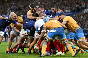 2023-09-14 - Maxime Lucu, Anthony Jelonch and Cameron Woki in a maul during the Rugby union World Cup RWC 2023, Pool A match between France and Uruguay at Stade Pierre Mauroy on September 14, 2023 in Lille, France. Photo Victor Joly / DPPI - RUGBY - WORLD CUP 2023 - FRANCE V URUGUAY - WORLD CUP - RUGBY