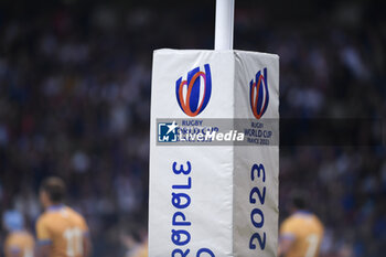 2023-09-14 - Illustration with the logo of the Rugby World Cup RWC on goal posts during match between France and Uruguay at Stade Pierre Mauroy on September 14, 2023 in Lille, France. Photo Victor Joly / DPPI - RUGBY - WORLD CUP 2023 - FRANCE V URUGUAY - WORLD CUP - RUGBY