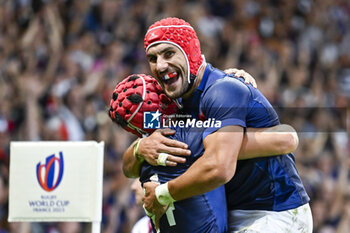 2023-09-14 - Gabin Villiere and Louis Bielle-Biarrey celebrate a try during the Rugby union World Cup RWC 2023, Pool A match between France and Uruguay at Stade Pierre Mauroy on September 14, 2023 in Lille, France. Photo Victor Joly / DPPI - RUGBY - WORLD CUP 2023 - FRANCE V URUGUAY - WORLD CUP - RUGBY