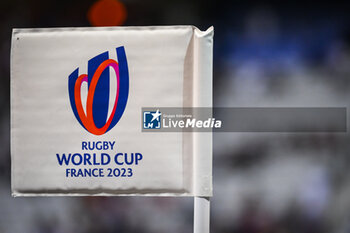 2023-09-14 - Illustration of the official logo during the World Cup 2023, Pool A rugby union match between France and Uruguay on September 14, 2023 at Pierre Mauroy stadium in Villeneuve-d'Ascq near Lille, France - RUGBY - WORLD CUP 2023 - FRANCE V URUGUAY - WORLD CUP - RUGBY