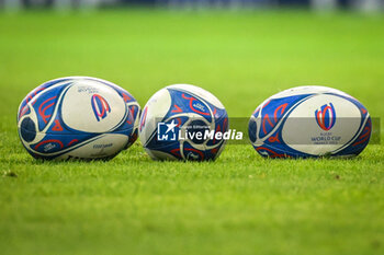 2023-09-14 - Illustration of the Gilbert match balls during the World Cup 2023, Pool A rugby union match between France and Uruguay on September 14, 2023 at Pierre Mauroy stadium in Villeneuve-d'Ascq near Lille, France - RUGBY - WORLD CUP 2023 - FRANCE V URUGUAY - WORLD CUP - RUGBY