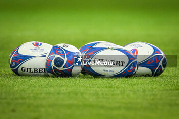 2023-09-14 - Illustration of the Gilbert match balls during the World Cup 2023, Pool A rugby union match between France and Uruguay on September 14, 2023 at Pierre Mauroy stadium in Villeneuve-d'Ascq near Lille, France - RUGBY - WORLD CUP 2023 - FRANCE V URUGUAY - WORLD CUP - RUGBY