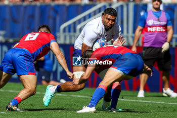 2023-09-16 - Taleni Junior Agaese Seu of Samoa is tackles by Raimundo Martinez of Chile, Jose Ignacio Larenas of Chile during the Rugby World Cup France 2023 match between Samoa and Chile at Stade de Bordeaux on September 16, 2023 in Bordeaux, France. Photo by Hans van der Valk/ Orange Pictures / DPPI - RUGBY - WORLD CUP 2023 - SAMOA V CHILE - WORLD CUP - RUGBY