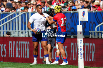 2023-09-16 - Nigel Ah-Wong of Samoa in discussion with Matias Garafulic of Chile during the Rugby World Cup France 2023 match between Samoa and Chile at Stade de Bordeaux on September 16, 2023 in Bordeaux, France. Photo by Hans van der Valk/ Orange Pictures / DPPI - RUGBY - WORLD CUP 2023 - SAMOA V CHILE - WORLD CUP - RUGBY