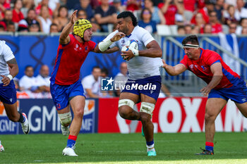2023-09-16 - Taleni Junior Agaese Seu of Samoa is tackles by Matias Garafulic of Chile, Raimundo Martinez of Chile during the Rugby World Cup France 2023 match between Samoa and Chile at Stade de Bordeaux on September 16, 2023 in Bordeaux, France. Photo by Hans van der Valk/ Orange Pictures / DPPI - RUGBY - WORLD CUP 2023 - SAMOA V CHILE - WORLD CUP - RUGBY