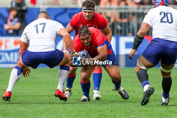 2023-09-16 - Matias Dittus of Chile is tackles by Jordan Lay of Samao during the Rugby World Cup France 2023 match between Samoa and Chile at Stade de Bordeaux on September 16, 2023 in Bordeaux, France. Photo by Hans van der Valk/ Orange Pictures / DPPI - RUGBY - WORLD CUP 2023 - SAMOA V CHILE - WORLD CUP - RUGBY