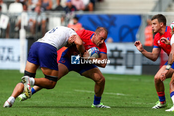 2023-09-16 - Ignacio Silva of Chile is tackles by Taleni Junior Agaese Seu of Samao during the Rugby World Cup France 2023 match between Samoa and Chile at Stade de Bordeaux on September 16, 2023 in Bordeaux, France. Photo by Hans van der Valk/ Orange Pictures / DPPI - RUGBY - WORLD CUP 2023 - SAMOA V CHILE - WORLD CUP - RUGBY