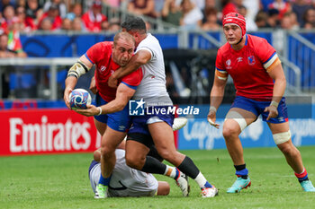 2023-09-16 - Ignacio Silva of Chile is tackles by Fritz Lee of Samao, Lima Sopoaga of Samao during the Rugby World Cup France 2023 match between Samoa and Chile at Stade de Bordeaux on September 16, 2023 in Bordeaux, France. Photo by Hans van der Valk/ Orange Pictures / DPPI - RUGBY - WORLD CUP 2023 - SAMOA V CHILE - WORLD CUP - RUGBY