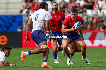 2023-09-16 - Benjamin Videla of Chile is tackles by Taleni Junior Agaese Seu of Samao during the Rugby World Cup France 2023 match between Samoa and Chile at Stade de Bordeaux on September 16, 2023 in Bordeaux, France. Photo by Hans van der Valk/ Orange Pictures / DPPI - RUGBY - WORLD CUP 2023 - SAMOA V CHILE - WORLD CUP - RUGBY