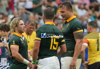2023-09-17 - Faf DE KLERK , Willie LE ROUX and André ESTERHUIZEN of South Africa during the World 2023, Pool B rugby union match between SOUTH AFRICA and ROUMANIA on September 17, 2023 at Matmut Atlantique in Bordeaux , France - RUGBY - WORLD CUP 2023 - SOUTH AFRICA V ROMANIA - WORLD CUP - RUGBY