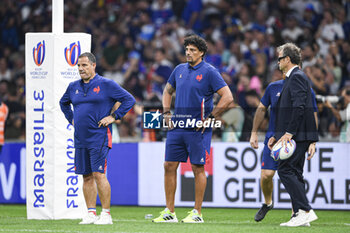 2023-09-21 - French coach Fabien Galthie Karim Ghezal and Laurent Labit during the Rugby union World Cup XV RWC Pool A match between France and Namibia at Stade Velodrome, Marseille, France on September 21, 2023. Photo Victor Joly / DPPI - RUGBY - WORLD CUP 2023 - FRANCE V NAMIBIA - WORLD CUP - RUGBY