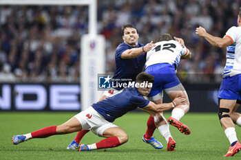 2023-09-21 - Antoine Dupont and Matthieu Jalibert making a tackle during the Rugby union World Cup XV RWC Pool A match between France and Namibia at Stade Velodrome, Marseille, France on September 21, 2023. Photo Victor Joly / DPPI - RUGBY - WORLD CUP 2023 - FRANCE V NAMIBIA - WORLD CUP - RUGBY