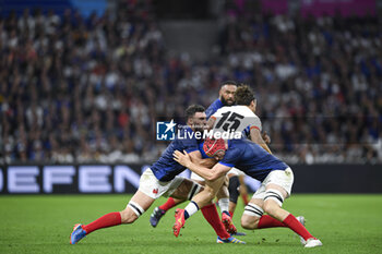 2023-09-21 - Thibaud Flament and Charles Ollivon making a tackle during the Rugby union World Cup XV RWC Pool A match between France and Namibia at Stade Velodrome, Marseille, France on September 21, 2023. Photo Victor Joly / DPPI - RUGBY - WORLD CUP 2023 - FRANCE V NAMIBIA - WORLD CUP - RUGBY