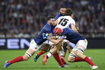 2023-09-21 - Thibaud Flament and Charles Ollivon making a tackle during the Rugby union World Cup XV RWC Pool A match between France and Namibia at Stade Velodrome, Marseille, France on September 21, 2023. Photo Victor Joly / DPPI - RUGBY - WORLD CUP 2023 - FRANCE V NAMIBIA - WORLD CUP - RUGBY