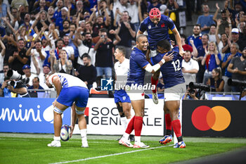 2023-09-21 - Louis Bielle-Biarrey, Gael Fickou and Jonathan Danty celebrate a try during the Rugby union World Cup RWC 2023, Pool A match between France and Namibia at Stade Velodrome, Marseille, France on September 21, 2023. Photo Victor Joly / DPPI - RUGBY - WORLD CUP 2023 - FRANCE V NAMIBIA - WORLD CUP - RUGBY