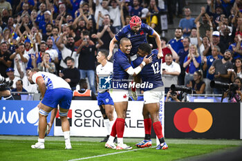 2023-09-21 - Louis Bielle-Biarrey, Gael Fickou and Jonathan Danty celebrate a try during the Rugby union World Cup RWC 2023, Pool A match between France and Namibia at Stade Velodrome, Marseille, France on September 21, 2023. Photo Victor Joly / DPPI - RUGBY - WORLD CUP 2023 - FRANCE V NAMIBIA - WORLD CUP - RUGBY