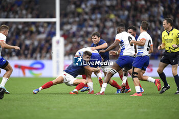 2023-09-21 - Antoine Dupont and Matthieu Jalibert making a tackle during the Rugby union World Cup XV RWC Pool A match between France and Namibia at Stade Velodrome, Marseille, France on September 21, 2023. Photo Victor Joly / DPPI - RUGBY - WORLD CUP 2023 - FRANCE V NAMIBIA - WORLD CUP - RUGBY