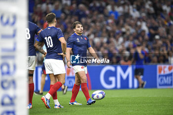 2023-09-21 - Antoine Dupont and Matthieu Jalibert during the Rugby union World Cup XV RWC Pool A match between France and Namibia at Stade Velodrome, Marseille, France on September 21, 2023. Photo Victor Joly / DPPI - RUGBY - WORLD CUP 2023 - FRANCE V NAMIBIA - WORLD CUP - RUGBY