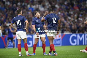 2023-09-21 - Antoine Dupont Matthieu Jalibert and Jonathan Danty during the Rugby union World Cup XV RWC Pool A match between France and Namibia at Stade Velodrome, Marseille, France on September 21, 2023. Photo Victor Joly / DPPI - RUGBY - WORLD CUP 2023 - FRANCE V NAMIBIA - WORLD CUP - RUGBY