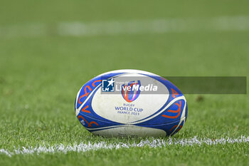 2023-09-21 - Official Gilbert Ball close-up illustration during the Rugby union World Cup XV RWC Pool A match between France and Namibia at Stade Velodrome, Marseille, France on September 21, 2023. Photo Victor Joly / DPPI - RUGBY - WORLD CUP 2023 - FRANCE V NAMIBIA - WORLD CUP - RUGBY