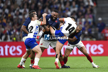 2023-09-21 - Uini Atonio and Gael Fickou making a tackle during the Rugby union World Cup XV RWC Pool A match between France and Namibia at Stade Velodrome, Marseille, France on September 21, 2023. Photo Victor Joly / DPPI - RUGBY - WORLD CUP 2023 - FRANCE V NAMIBIA - WORLD CUP - RUGBY