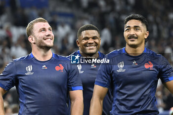 2023-09-21 - Pierre Bourgarit Jonathan Danty and Yoram Moefana during the Rugby union World Cup RWC 2023, Pool A match between France and Namibia at Stade Velodrome, Marseille, France on September 21, 2023. Photo Victor Joly / DPPI - RUGBY - WORLD CUP 2023 - FRANCE V NAMIBIA - WORLD CUP - RUGBY