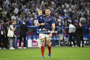 2023-09-21 - Francois Cros and his child during the Rugby union World Cup RWC 2023, Pool A match between France and Namibia at Stade Velodrome, Marseille, France on September 21, 2023. Photo Victor Joly / DPPI - RUGBY - WORLD CUP 2023 - FRANCE V NAMIBIA - WORLD CUP - RUGBY
