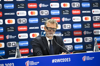 2023-09-21 - French coach Fabien Galthie during a press conference during the Rugby union World Cup RWC 2023, Pool A match between France and Namibia at Stade Velodrome, Marseille, France on September 21, 2023. Photo Victor Joly / DPPI - RUGBY - WORLD CUP 2023 - FRANCE V NAMIBIA - WORLD CUP - RUGBY