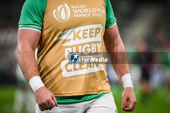 2023-09-23 - Illustration of a training jersey with an anti-doping slogan in Rugby during the World Cup 2023, Pool B rugby union match between South Africa and Ireland on September 23, 2023 at Stade de France in Saint-Denis near Paris, France - RUGBY - WORLD CUP 2023 - SOUTH AFRICA V IRELAND - WORLD CUP - RUGBY