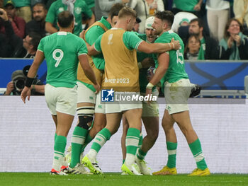 2023-09-23 - Celebration TRY Mack HANSEN of Ireland during the World Cup 2023, Pool B rugby union match between South Africa and Ireland on September 23, 2023 at Stade de France in Saint-Denis near Paris, France - RUGBY - WORLD CUP 2023 - SOUTH AFRICA V IRELAND - WORLD CUP - RUGBY