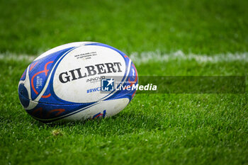 2023-09-29 - Illustration of the Gilbert match ball during the World Cup 2023, Pool A rugby union match between New Zealand and Italy on September 29, 2023 at Groupama Stadium in Decines-Charpieu near Lyon, France - RUGBY - WORLD CUP 2023 - NEW ZEALAND V ITALY - WORLD CUP - RUGBY